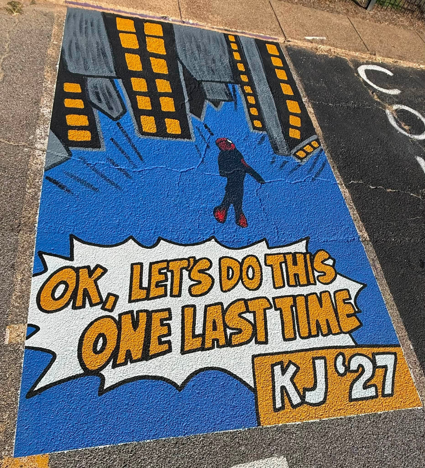 "OK, let's do this one last time" — senior parking spot for KJ '27.