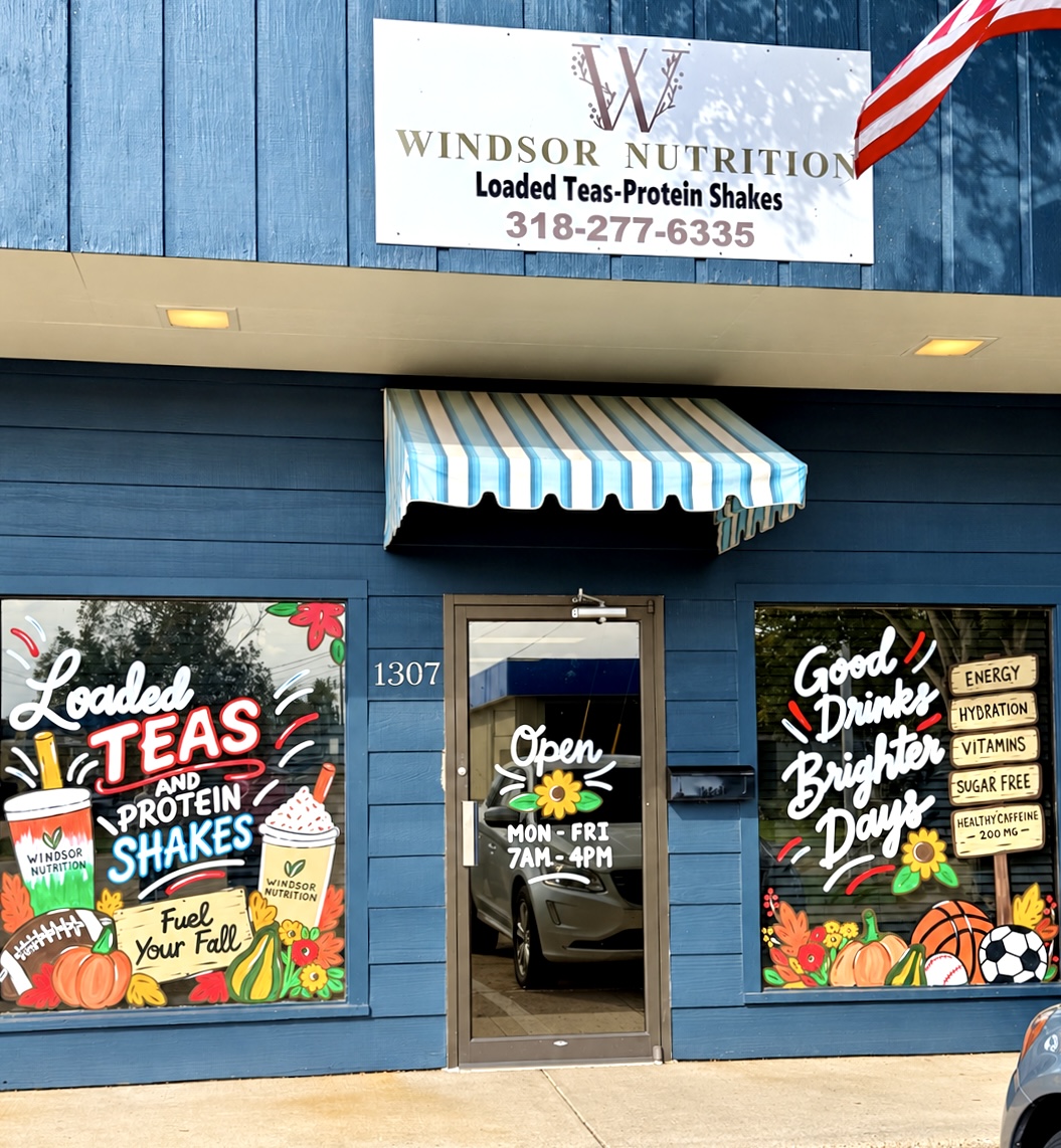 Fall windows for Windsor Nutrition — loaded teas, pumpkins, and football season!