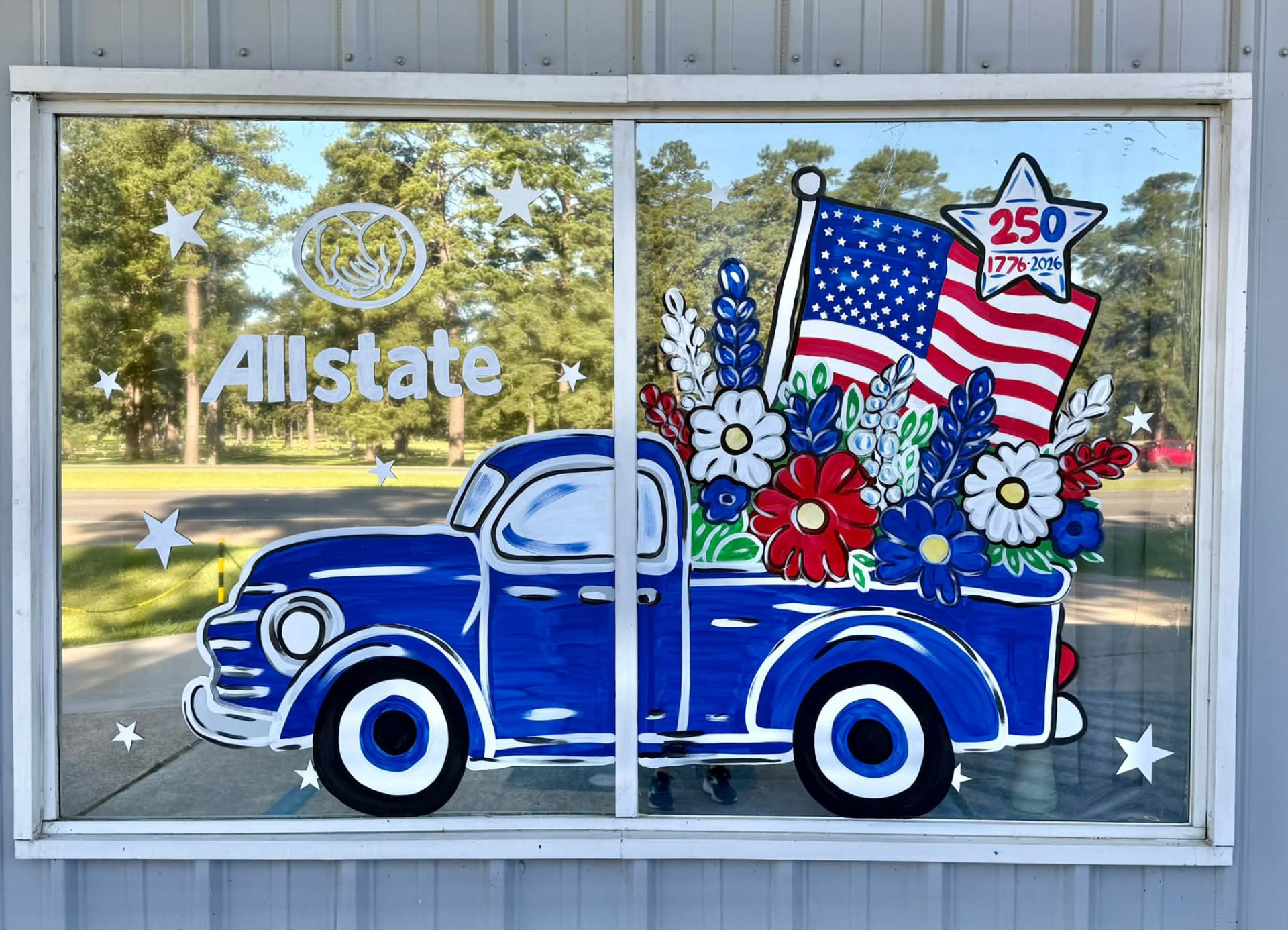 Patriotic truck window for Allstate — 250 years, 1776 to 2026.